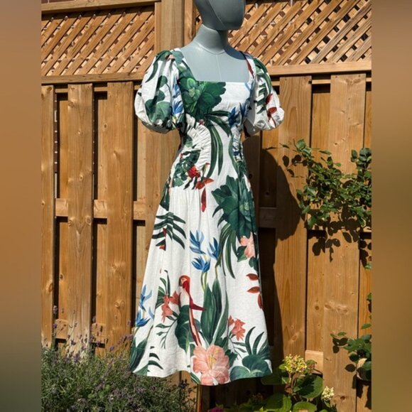 🆕 FARM Rio 🧿 NWOT Midnight Macaw Fiesta Linen Puff-Sleeve Midi Dress, Sz XXS - Picture 9 of 16